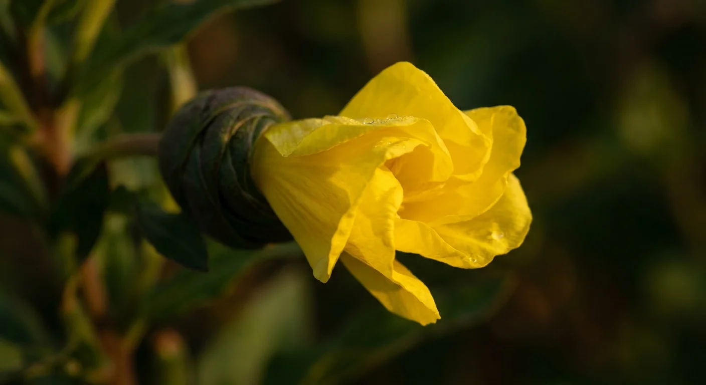 A macro photo of a bright yellow evening primrose flower partially unfurled against a dark, blurred background.