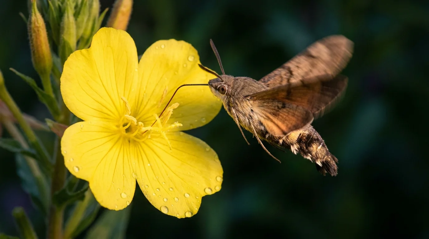 A macro photo of a sphinx moth hovering near a bright yellow evening primrose flower at night.