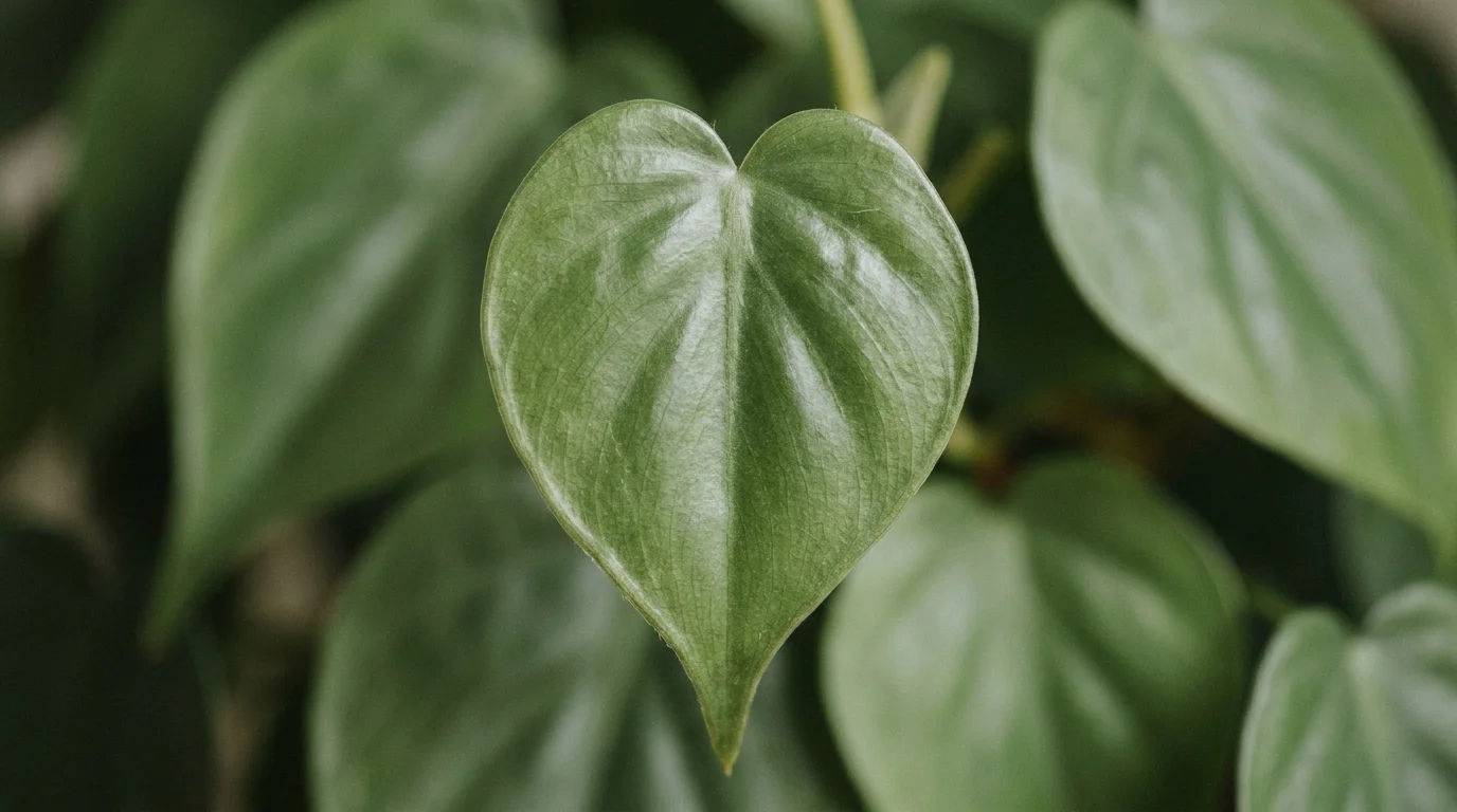 A macro photograph of the heart-shaped leaf of a Philodendron, showing fine detail and waxy texture.
