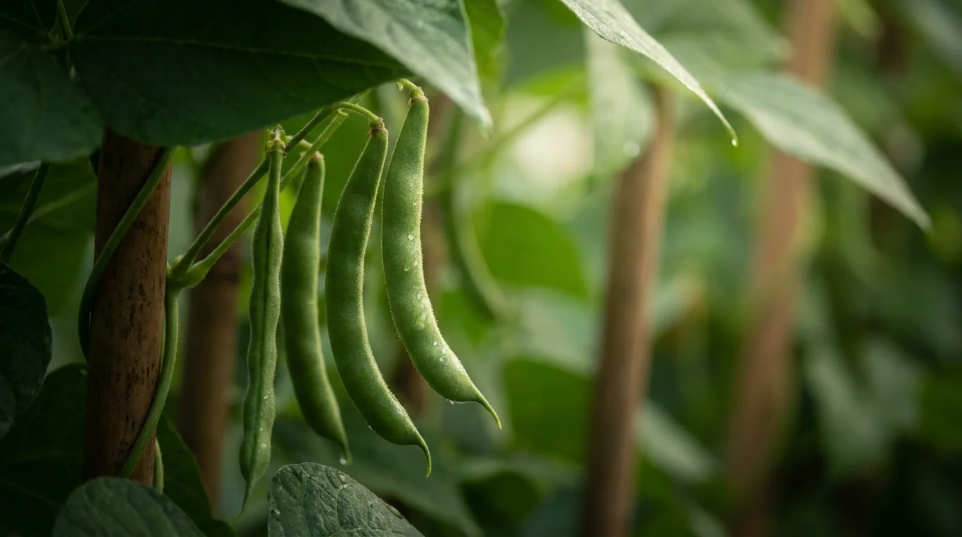 A macro photograph showing the fine fuzz and morning dew on a fresh green bean pod in a garden.