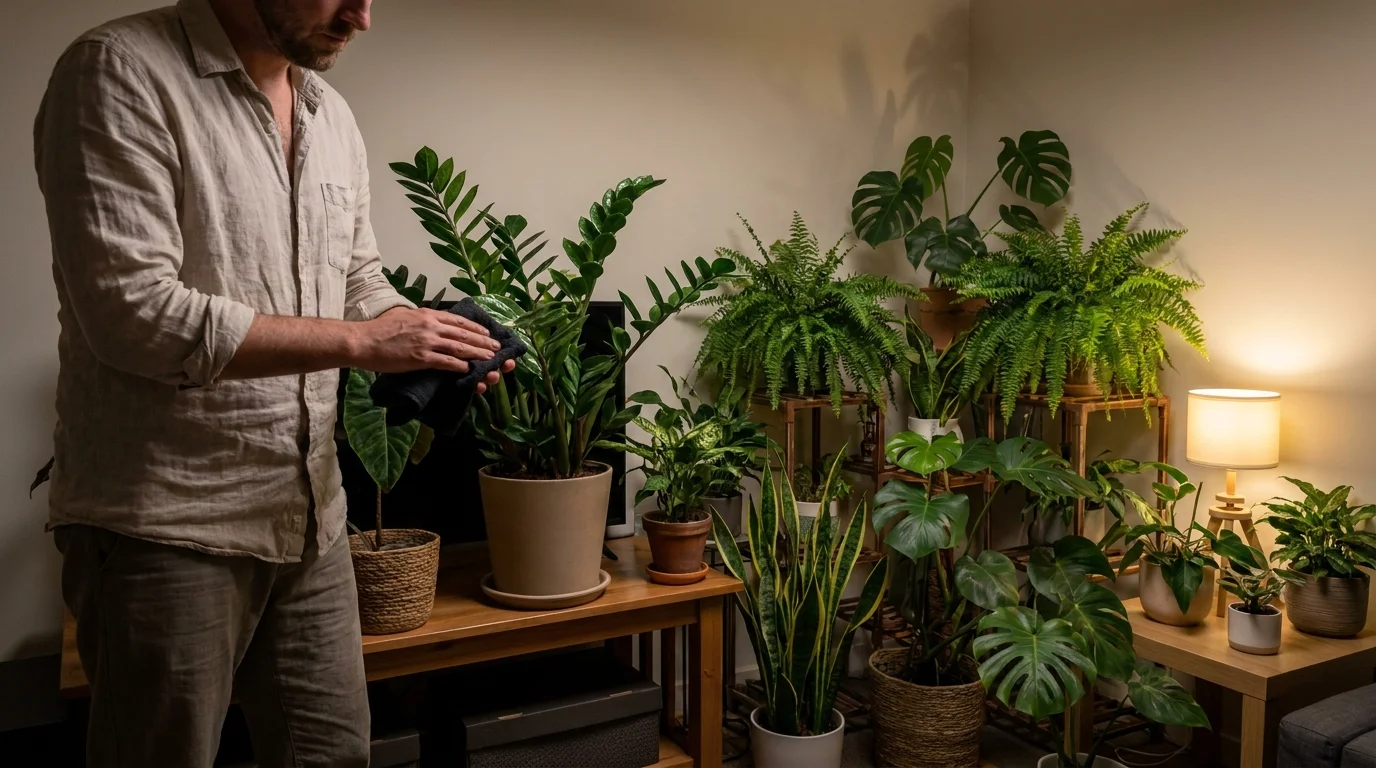 A man at home tending to a variety of indoor plants in a dimly lit, cozy living room.