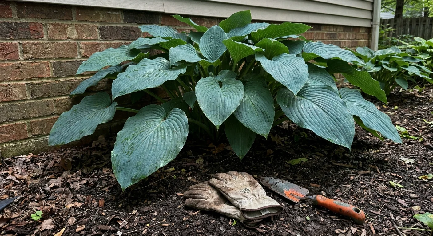 A massive Empress Wu hosta plant with large blue-green leaves covering the ground in a shaded garden.