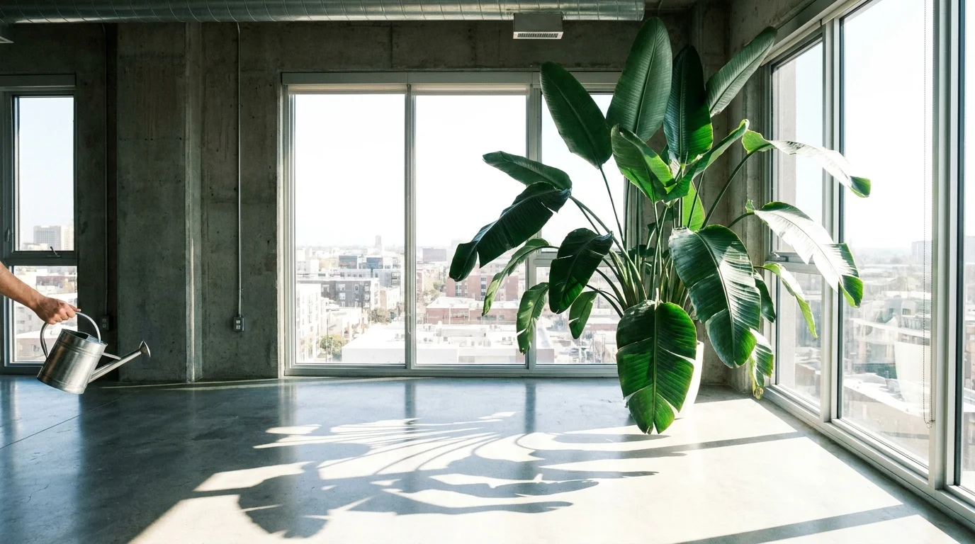 A massive Giant Bird of Paradise plant stands tall in a modern loft next to a large window, filling the room with height.