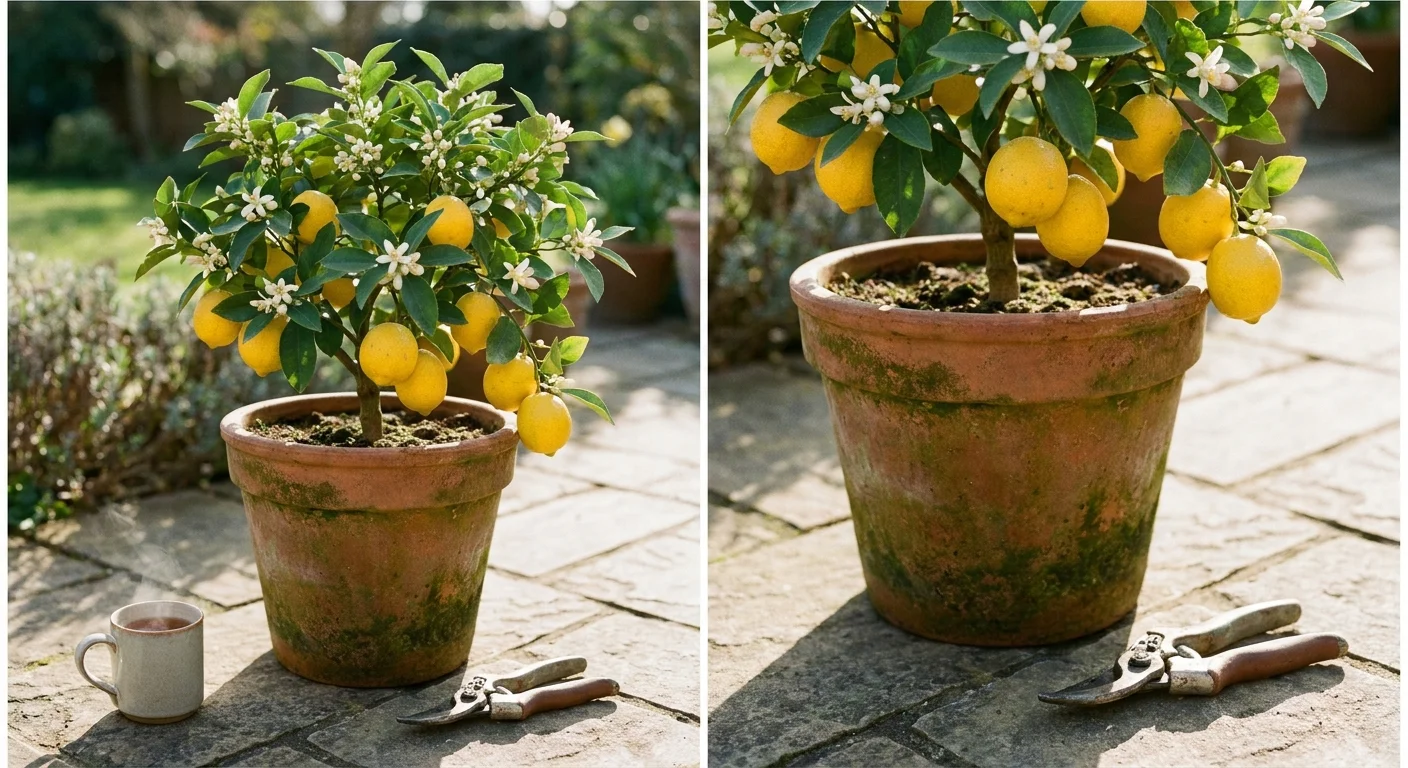 A Meyer lemon tree with yellow fruit growing in a terracotta pot on a sunny stone patio next to garden shears.