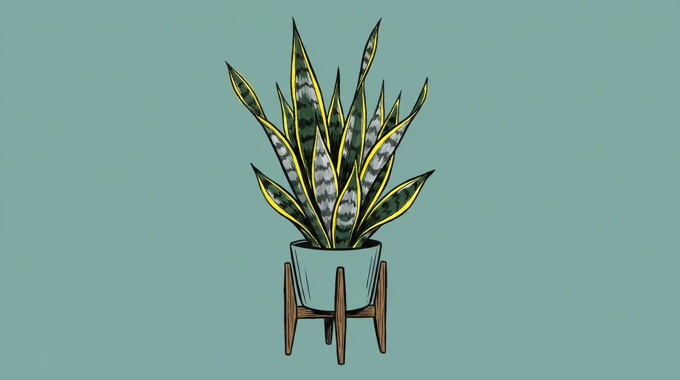 A minimalist botanical illustration of a Snake Plant, showcasing its tall, sword-like leaves and yellow-edged patterns.
