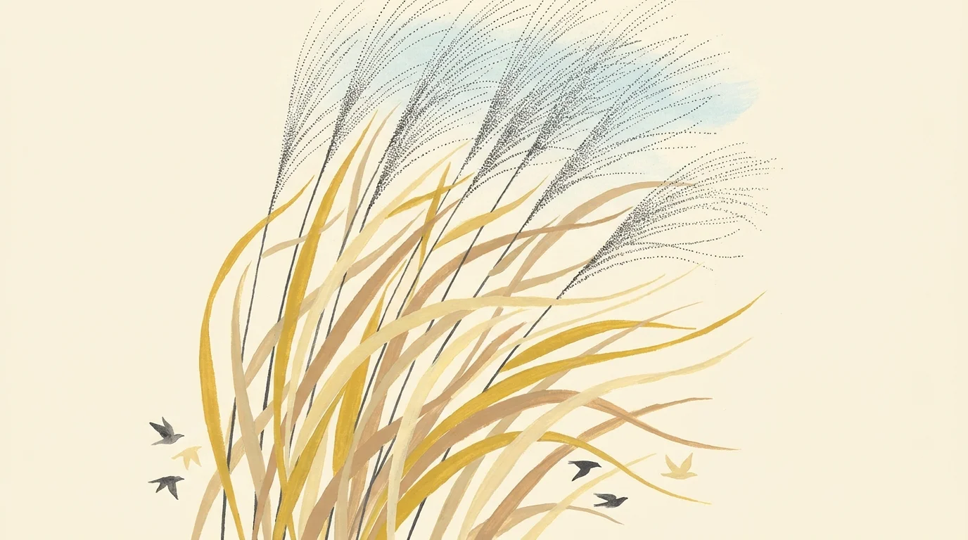 A minimalist gouache illustration of tall, golden ornamental grass swaying in the wind.