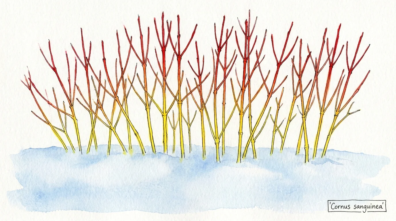 A minimalist watercolor of bright red and yellow dogwood stems rising out of a snowy winter landscape.