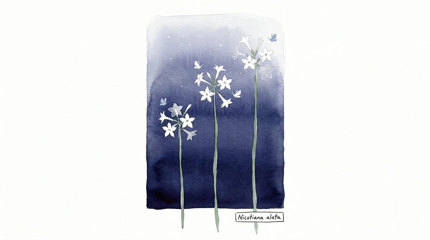 A minimalist watercolor of tall flowering tobacco stalks with star-shaped white blossoms.