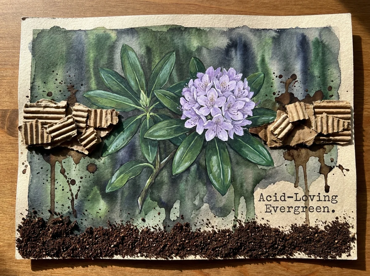 A mixed media artwork featuring rhododendron flowers, dark soil textures, and the words 'Acid-Loving Evergreen'.