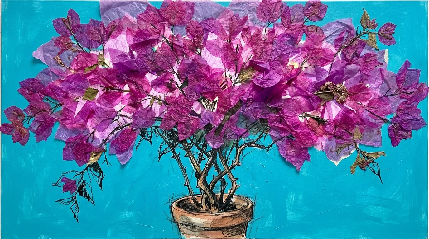 A mixed media artwork featuring vibrant magenta bougainvillea flowers overflowing from a small clay pot.