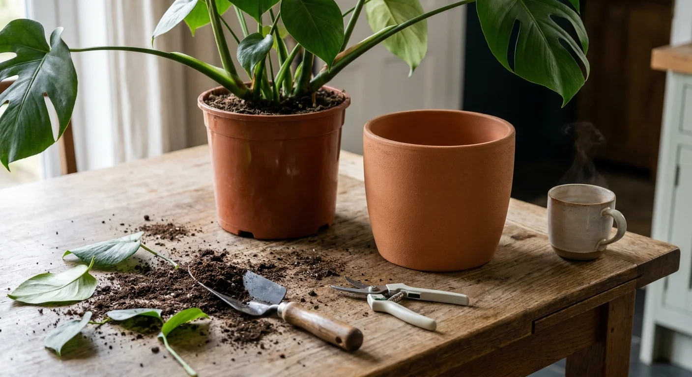 A Monstera plant on a wooden table next to a new terracotta pot and gardening tools in natural morning light.
