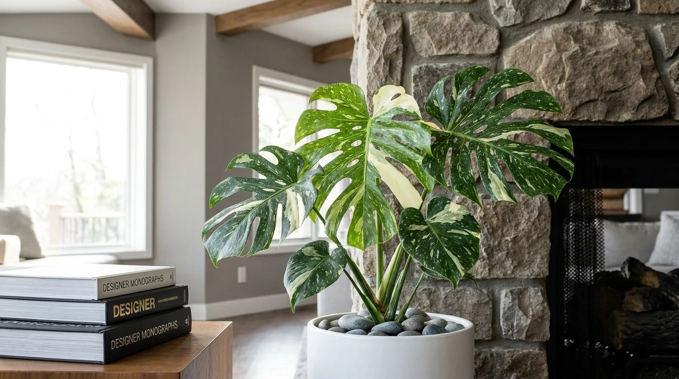 A Monstera Thai Constellation plant with cream-splashed variegated leaves in a modern, sunlit room.