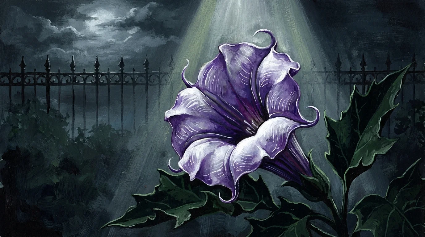 A moody gouache painting of a purple and white ruffled Devil's Trumpet flower under a spotlight.