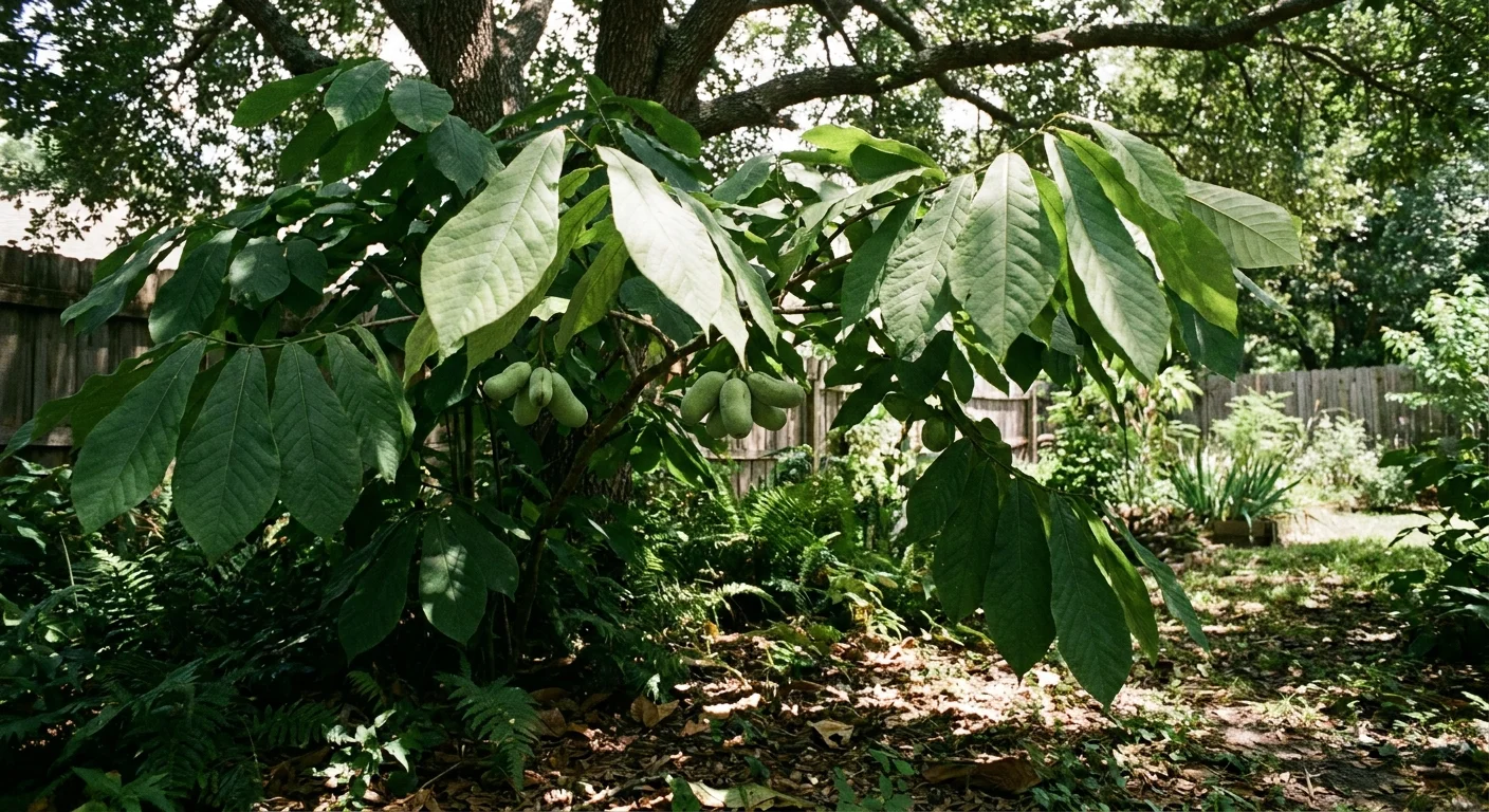 A native Pawpaw tree with large tropical leaves and clusters of green fruit growing in a shaded garden corner.