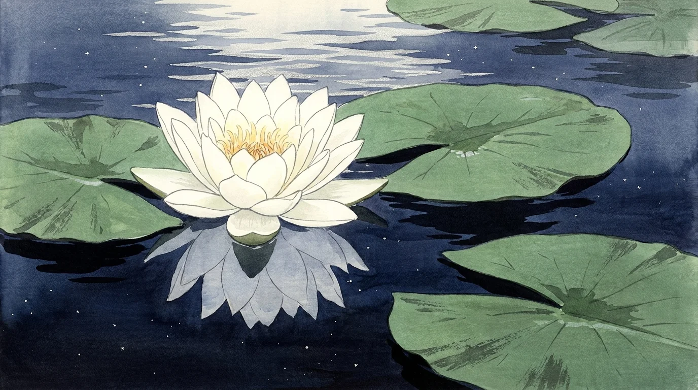 A peaceful watercolor painting of a white water lily glowing on the surface of a dark, still pond at night.