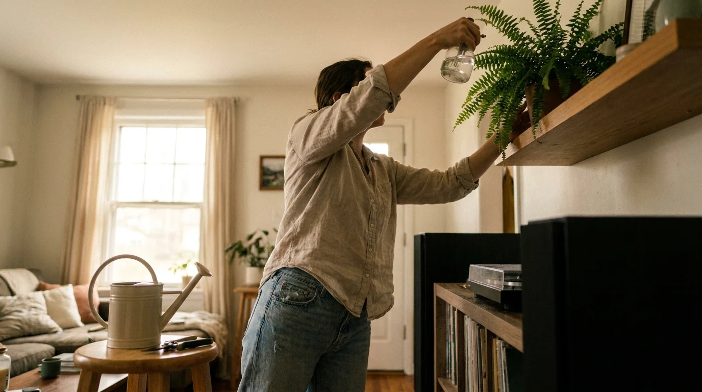 A person at home reaching up to mist a fern on a high shelf with a glass spray bottle.