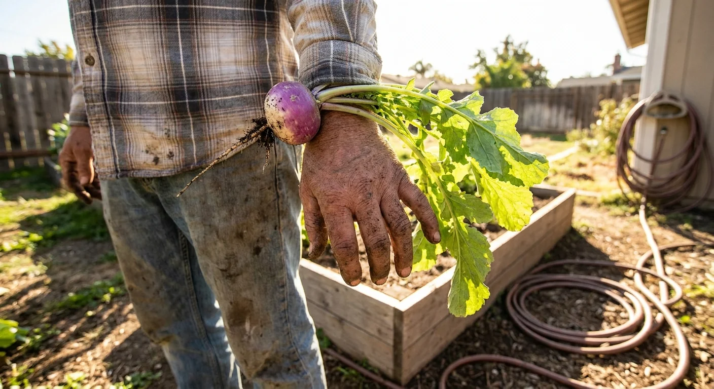 A person holding a freshly harvested turnip with purple skin and long green leaves, still covered in soil.