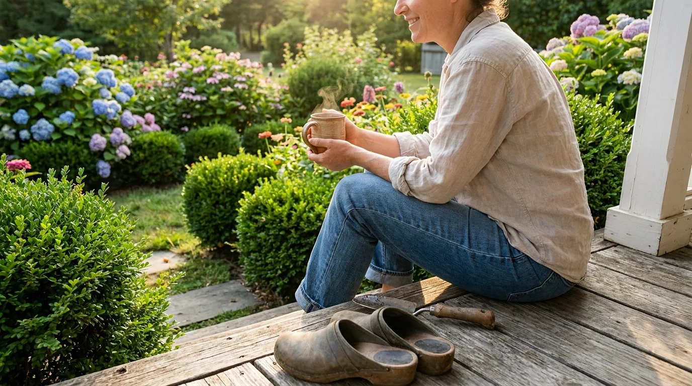 A person sitting on their porch steps looking out at their beautiful new garden.