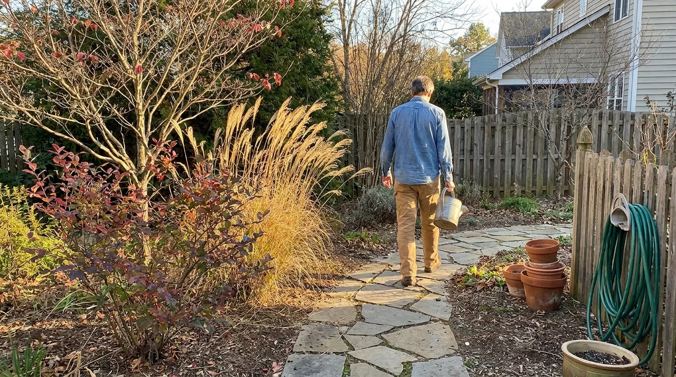 A person walks through a lush, multi-textured garden with a watering can during a golden autumn afternoon.