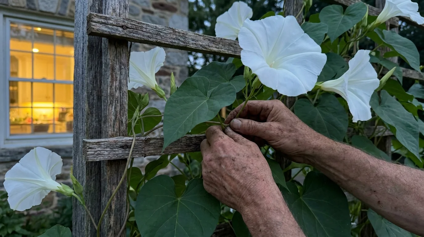 A person's hands training a Moonflower vine with large white trumpet flowers onto a wooden trellis at dusk.