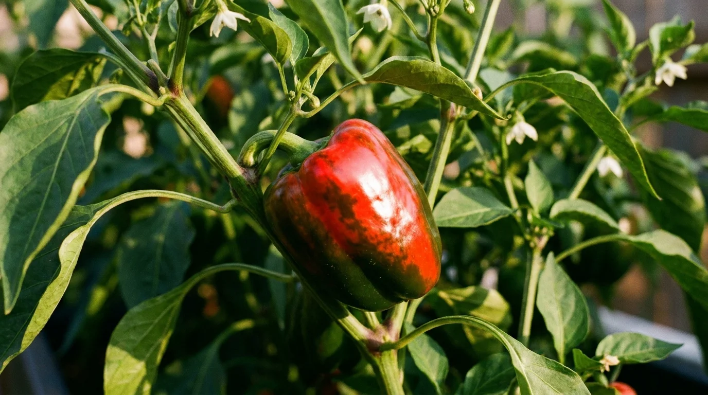 A photograph of a bell pepper on the vine transitioning from green to bright red under warm afternoon sunlight.