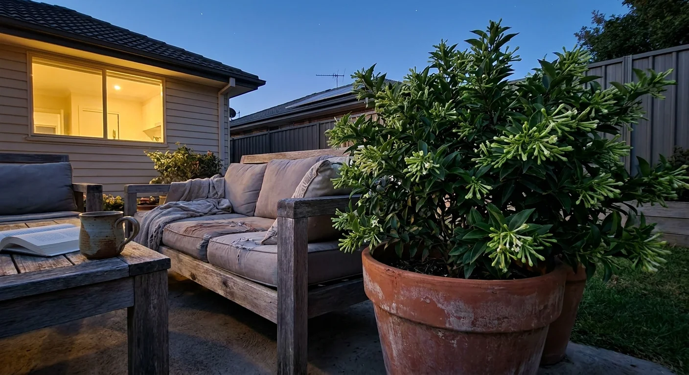 A photograph of a night-blooming jasmine plant in a pot on a home patio during twilight, with a warm light glowing from a nearby window.