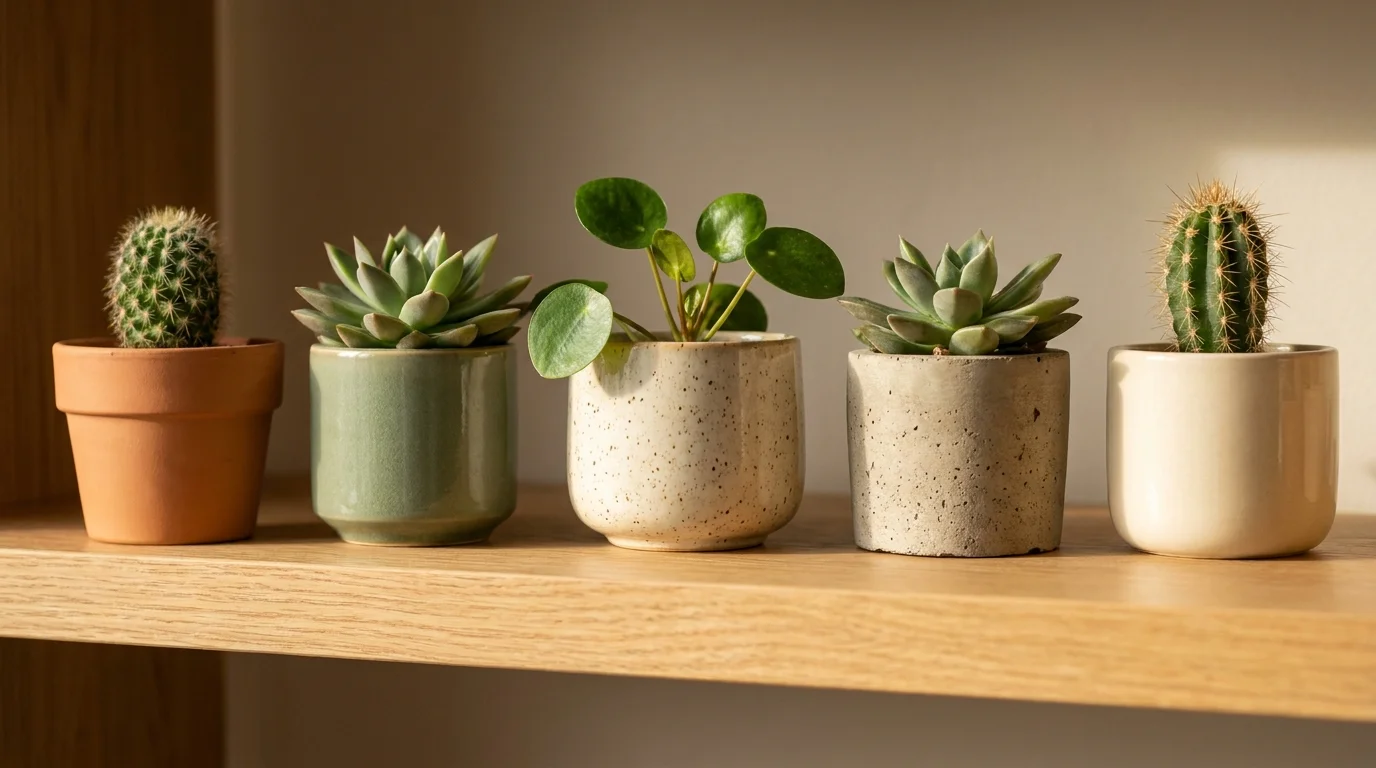 A row of textured plant pots in matching earthy tones like terracotta, sage, and cream.