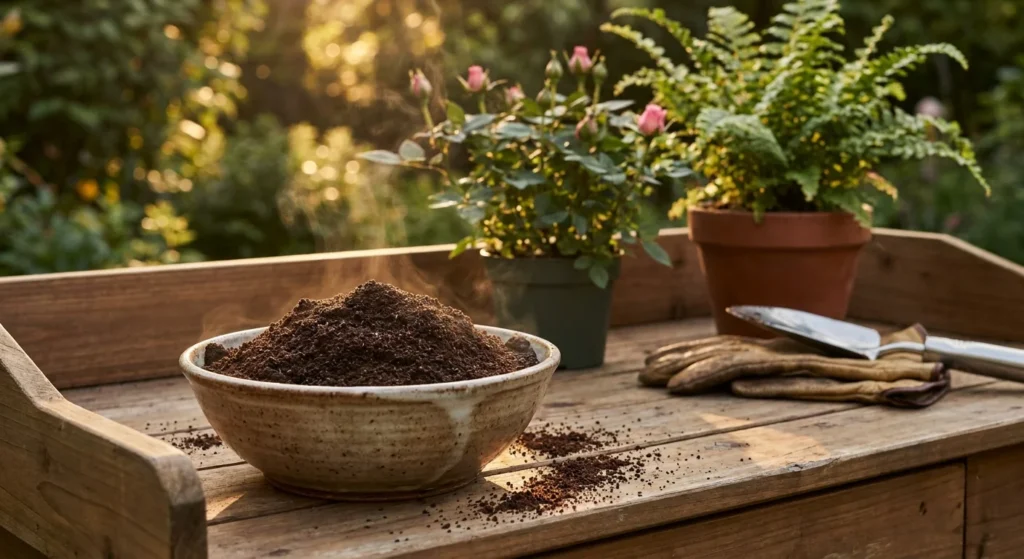 A rustic garden bench with a bowl of used coffee grounds, gardening tools, and lush plants in soft golden sunlight.