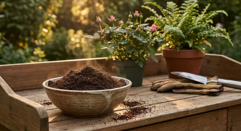 A rustic garden bench with a bowl of used coffee grounds, gardening tools, and lush plants in soft golden sunlight.