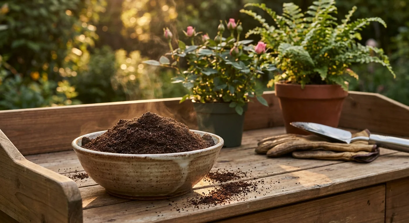 A rustic garden bench with a bowl of used coffee grounds, gardening tools, and lush plants in soft golden sunlight.