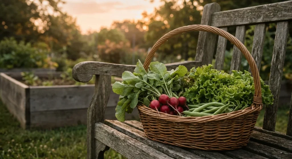 A rustic wicker basket filled with fresh radishes, lettuce, and green beans on a wooden garden bench in warm sunlight.