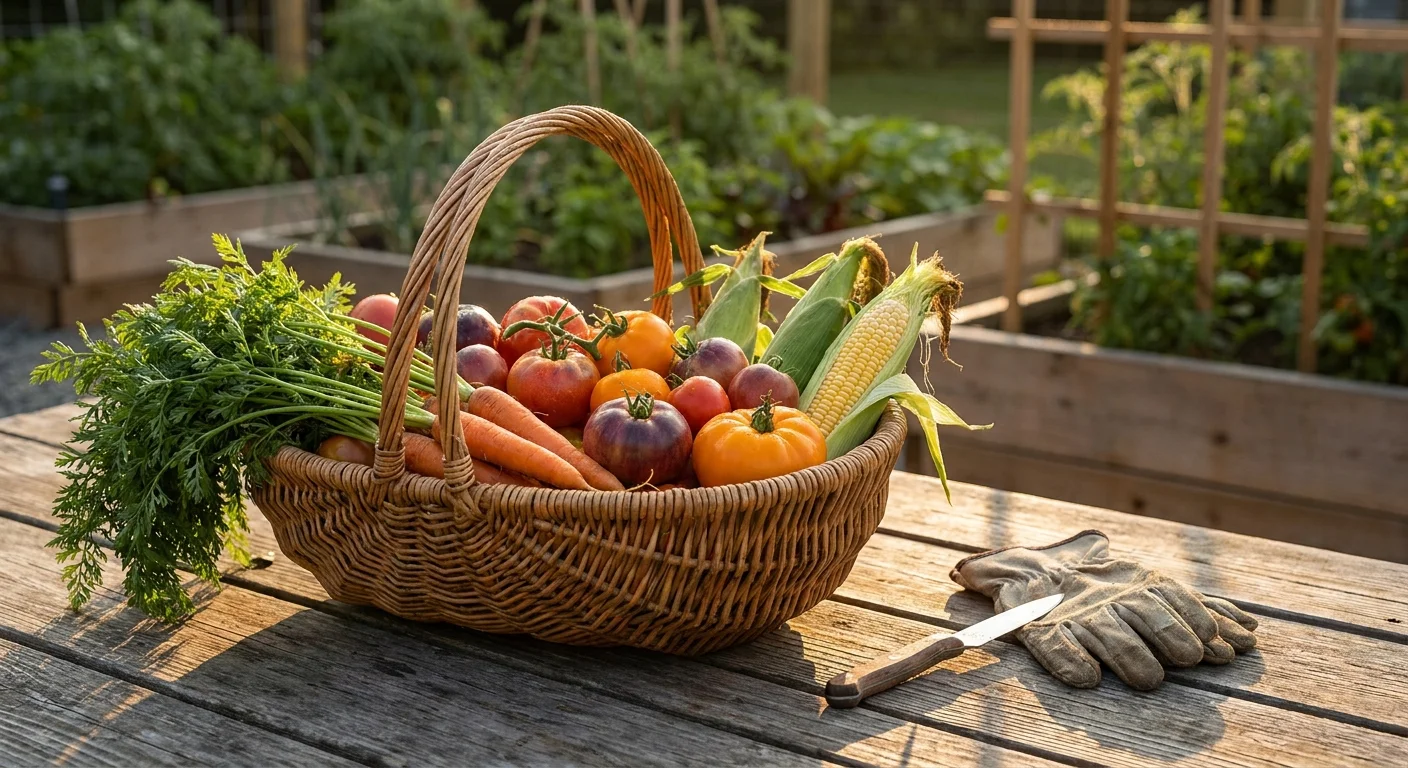 A rustic wooden table outdoors at golden hour covered in a fresh harvest of heirloom tomatoes, carrots, and corn in a garden setting.