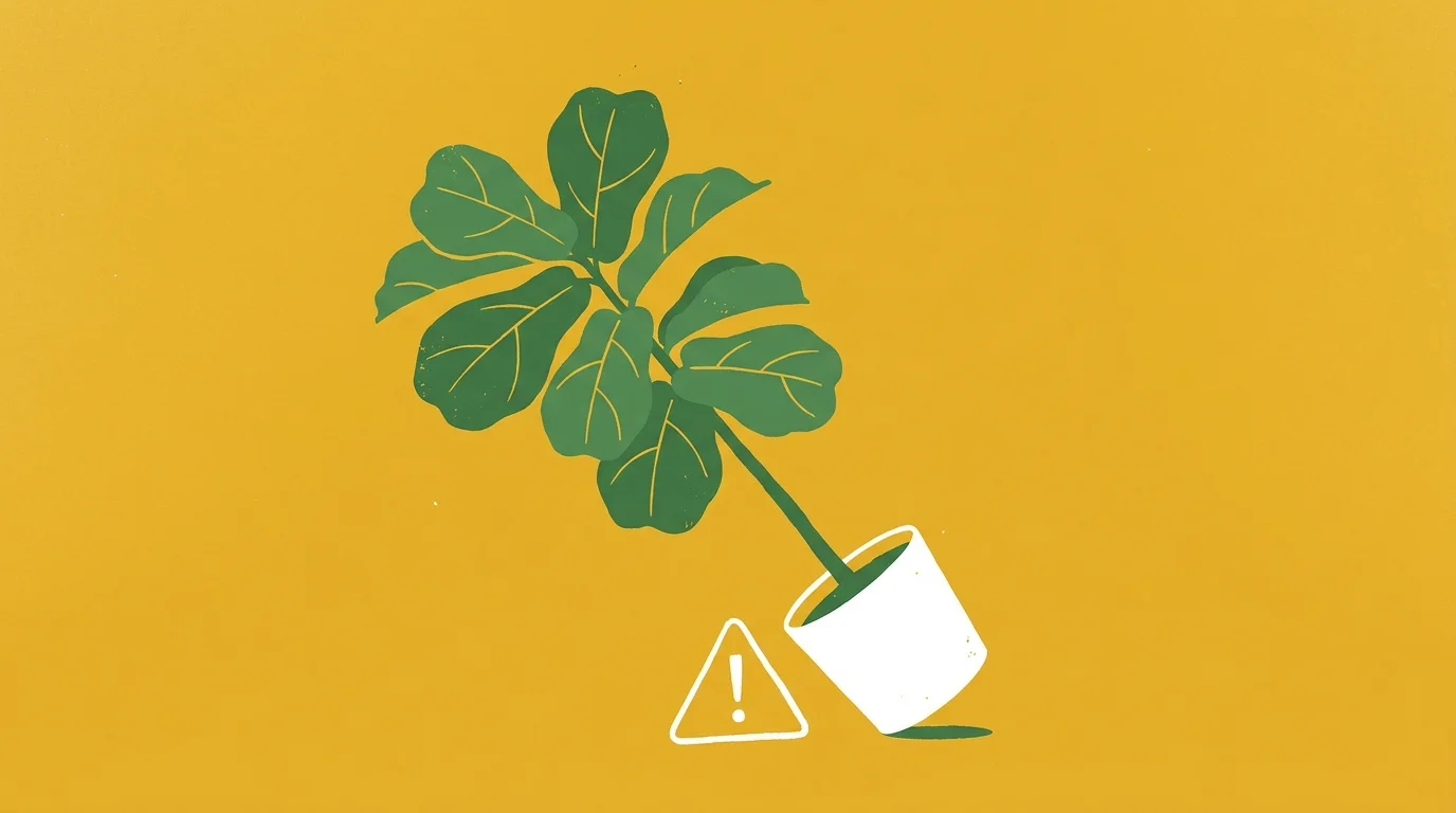 A screenprint-style illustration of a large, heavy plant leaning precariously in a tiny, unstable pot.