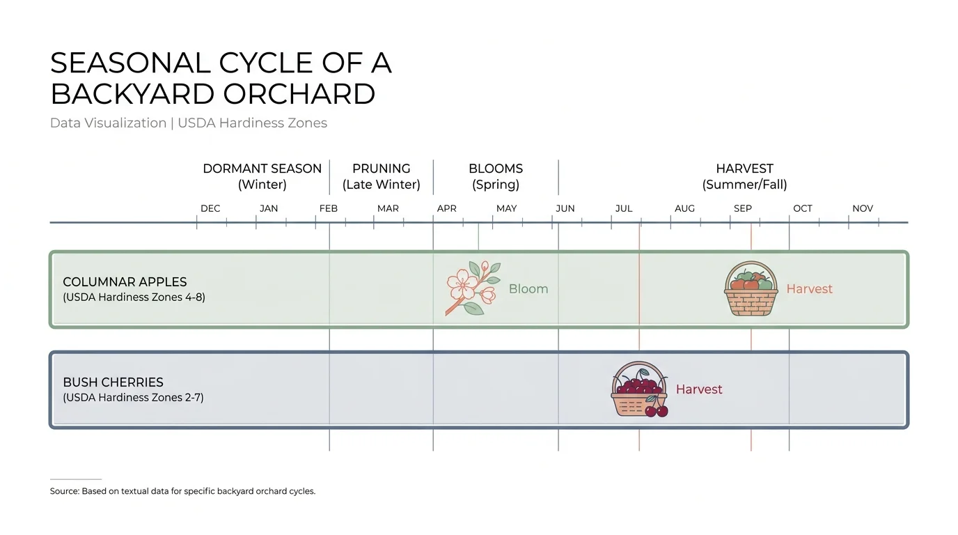 A seasonal timeline diagram showing bloom and harvest times for columnar apples and bush cherries across different USDA zones.