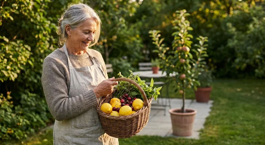 A senior woman in a sun-drenched garden holding a harvest basket filled with lemons and cherries, epitomizing easy backyard orcharding.