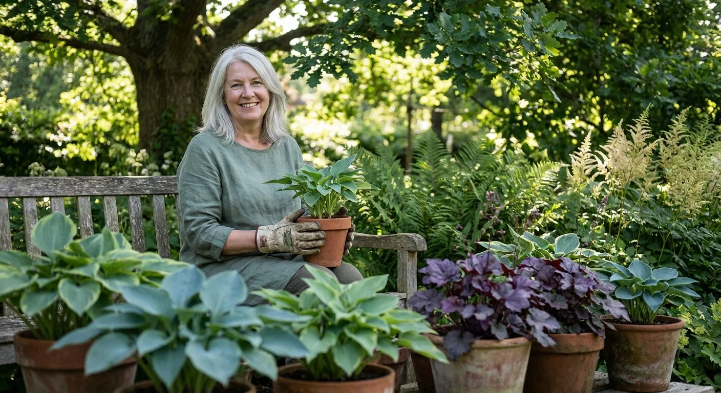 A senior woman smiling while tending to potted hostas on a lush, shaded garden patio.