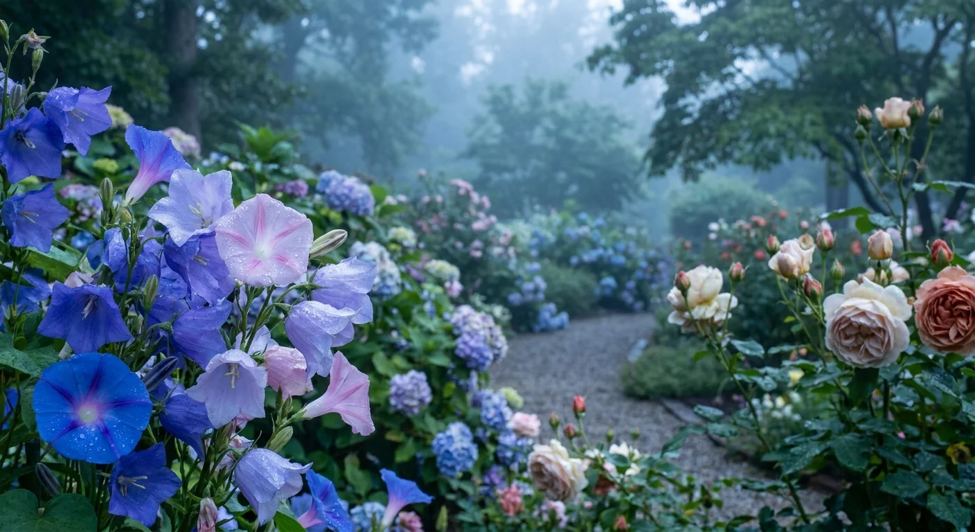 A serene dawn garden scene featuring various flowers in shifting shades of pink, blue, and white with dew-covered petals.