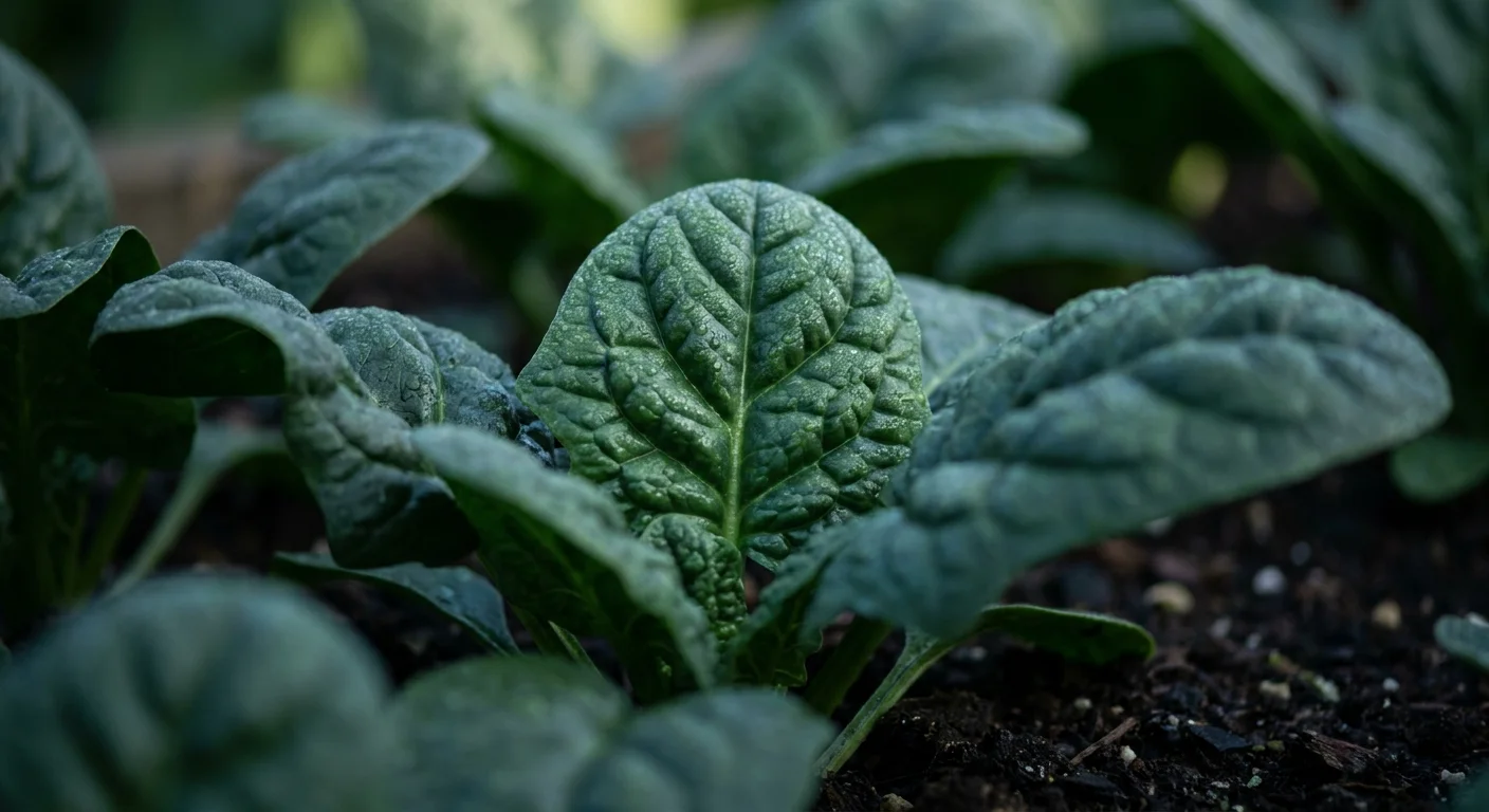 A sharp macro photograph of crinkly, dark green spinach leaves growing in dappled garden shade.