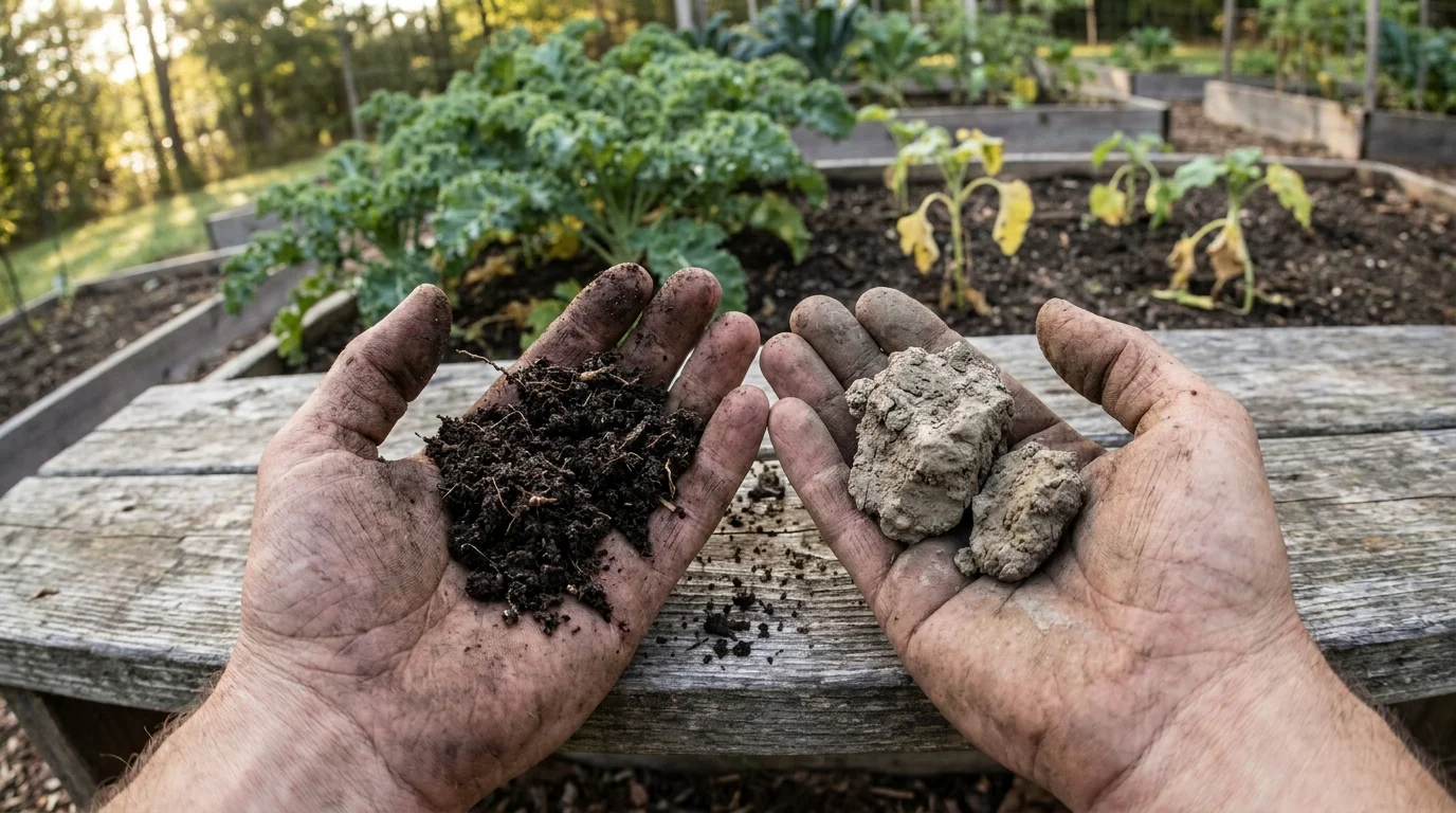 A side-by-side comparison of healthy dark crumbly soil and unhealthy pale compacted soil held in a gardener's hands.
