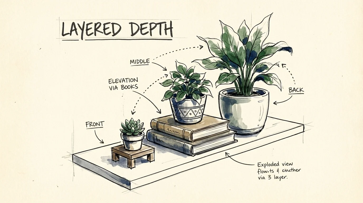 A sketch showing how to use books and stands to place plants at different depths and heights.