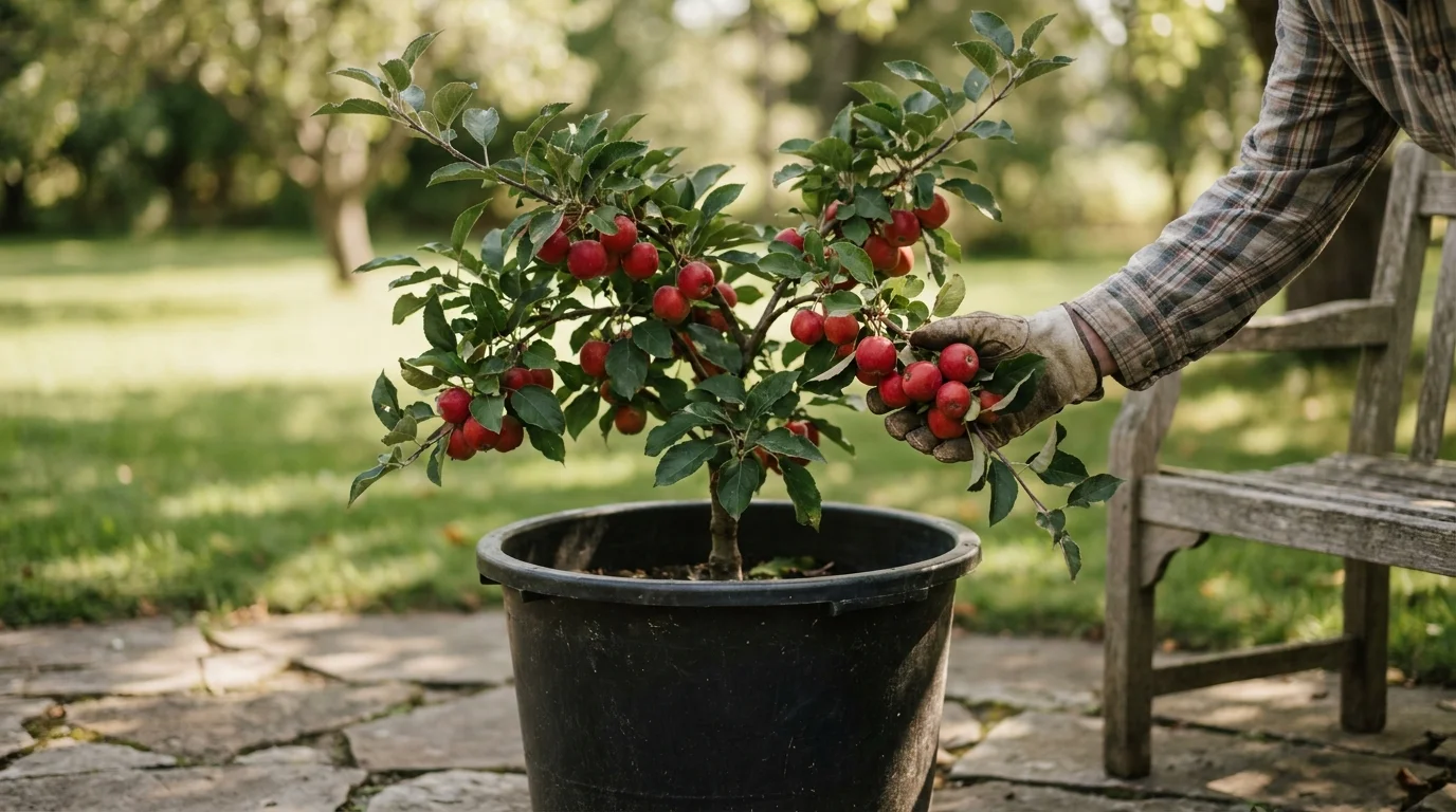 A small dwarf apple tree full of red fruit growing in a black bucket on a stone patio.