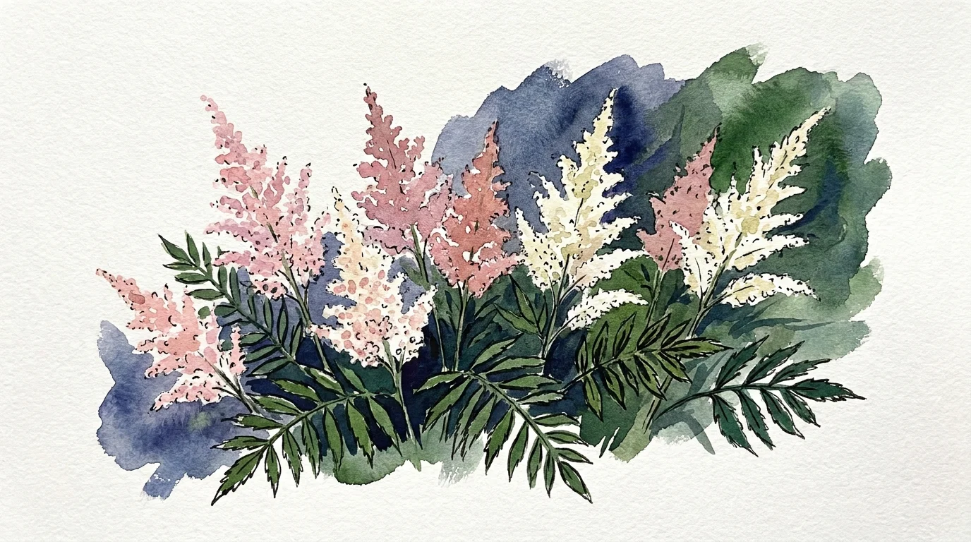 A soft watercolor illustration of pink and white feathery astilbe flowers blooming in the shade.