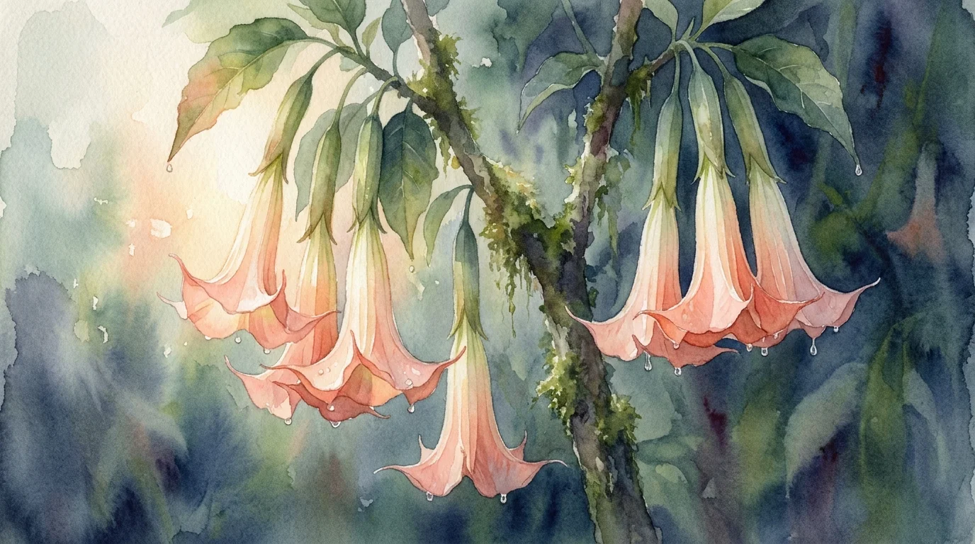 A soft watercolor painting of large, peach-colored Angel's Trumpet flowers hanging down from a leafy branch.
