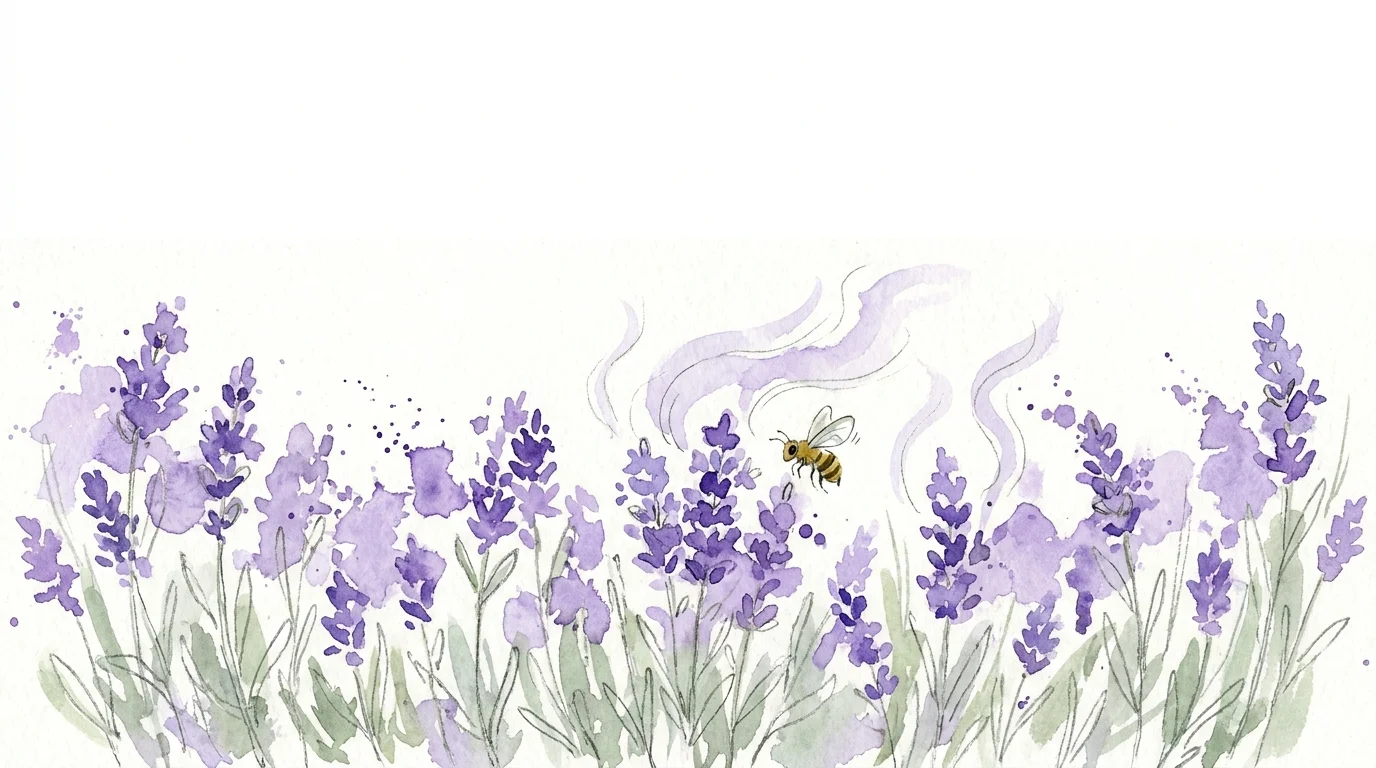 A soft watercolor painting of purple lavender stems with a small bee.