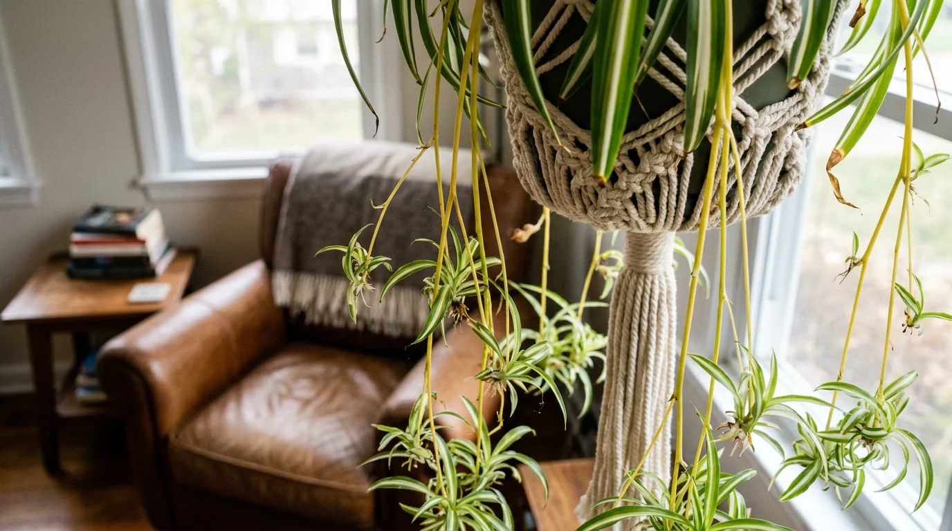 A spider plant hanging in a macrame holder with many small plantlets dangling down in a living room.