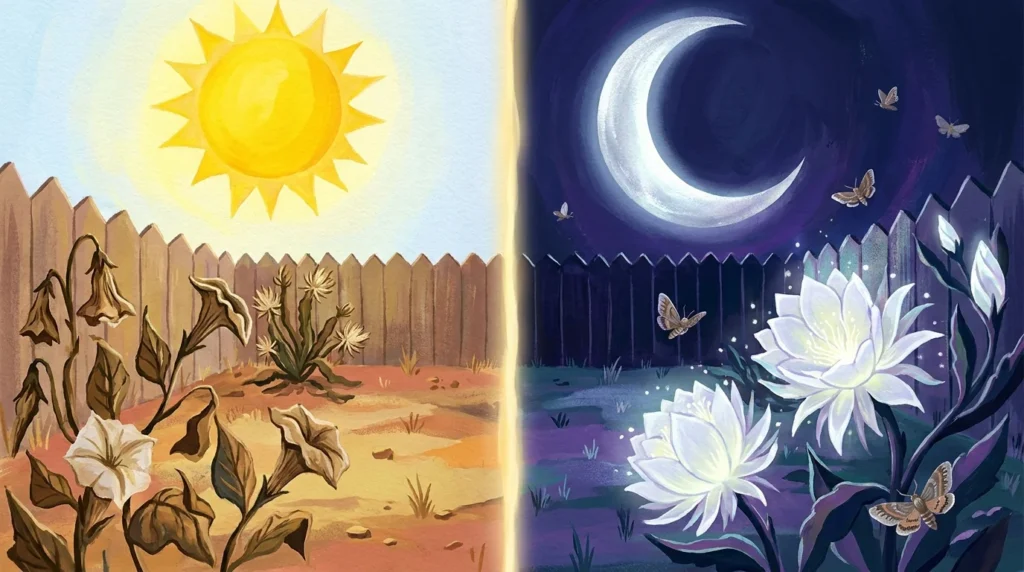 A split gouache illustration showing a garden during the day with wilted brown plants and at night with glowing white flowers.
