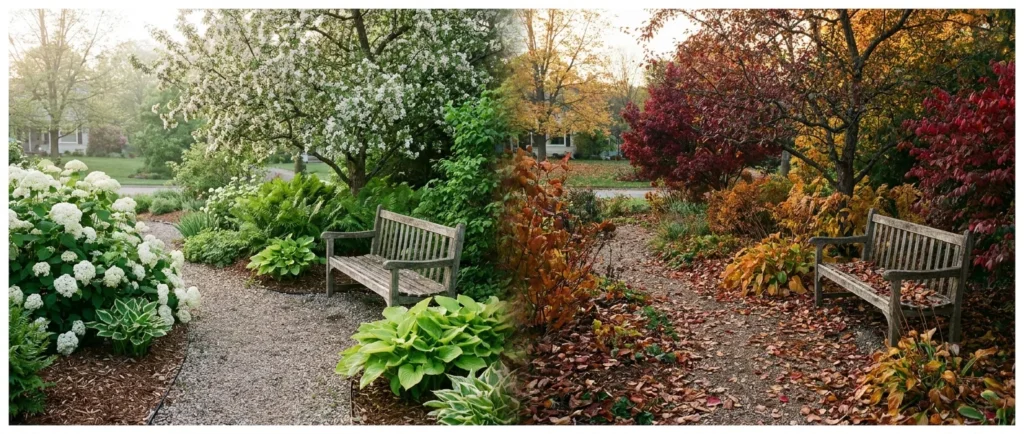 A split-screen garden view showing the same path in lush green spring and vibrant red-and-orange autumn.