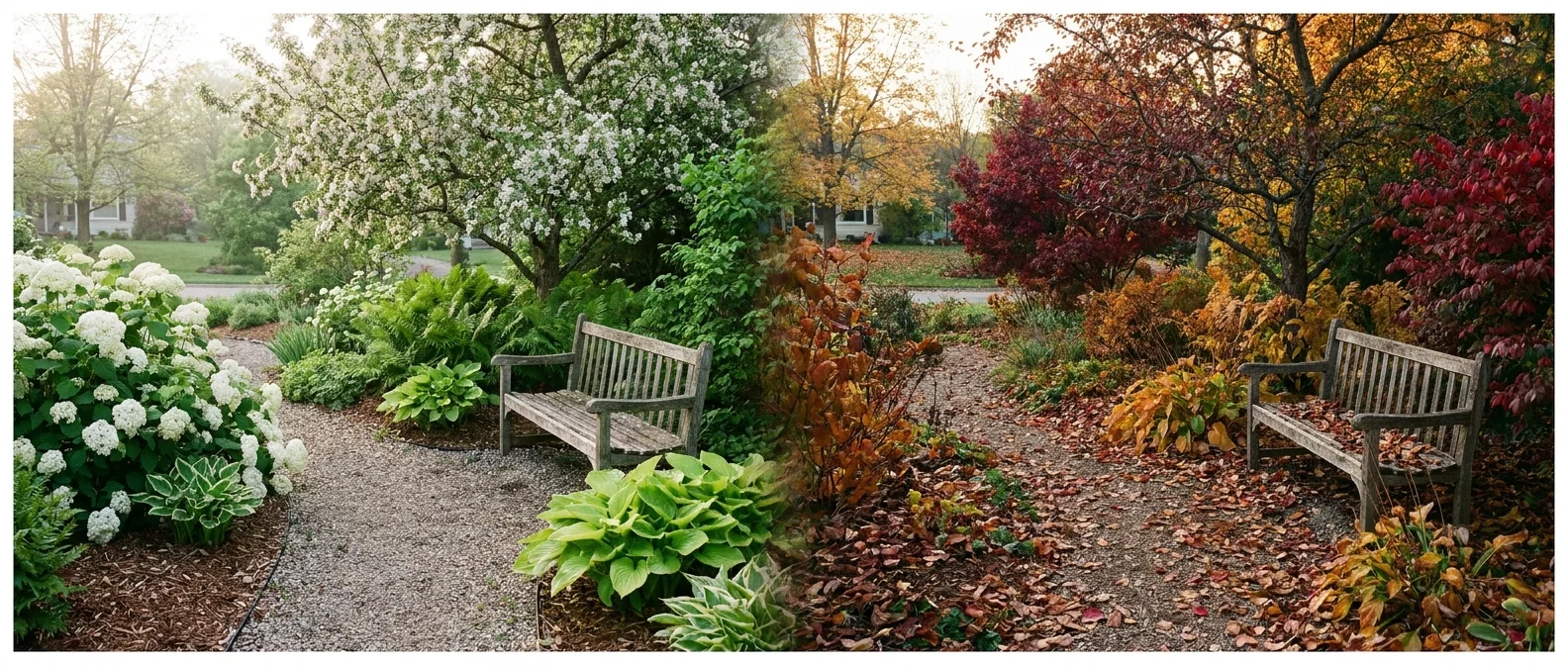 A split-screen garden view showing the same path in lush green spring and vibrant red-and-orange autumn.