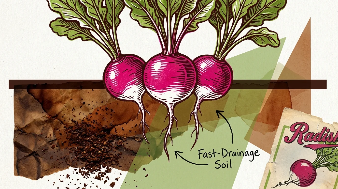 A stylized collage of radishes growing in coffee-enriched soil, with labels for fast-drainage and nutrients.