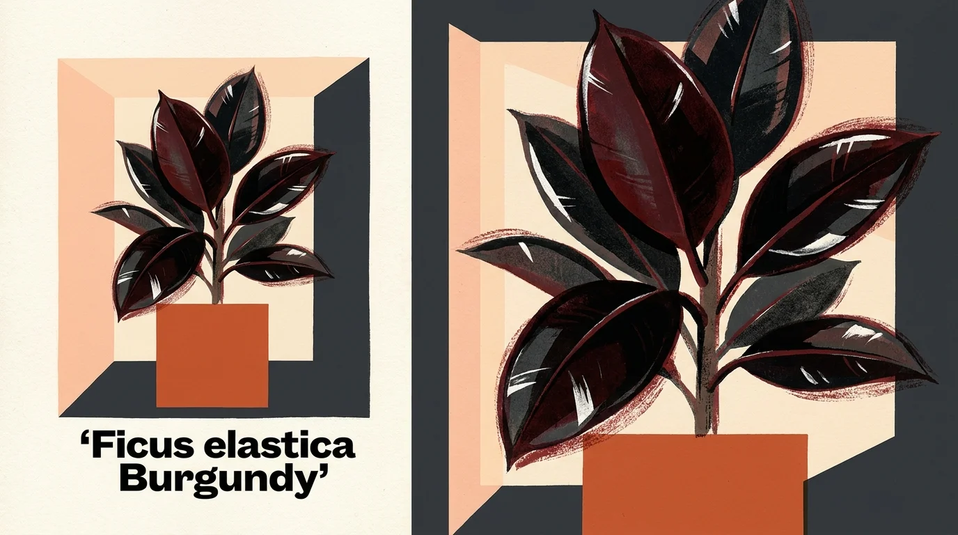 A stylized gouache illustration of a Rubber Tree with deep burgundy leaves in a terracotta pot.